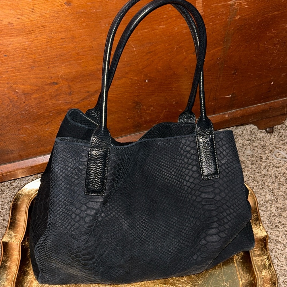 J. Mclaughlin Black Suede Tote | Python Embossed … - image 3